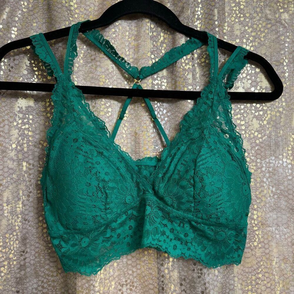 Aerie Fa La Lace Padded Strappy Back Adjustable Kelly Green Bralette M NWOT
